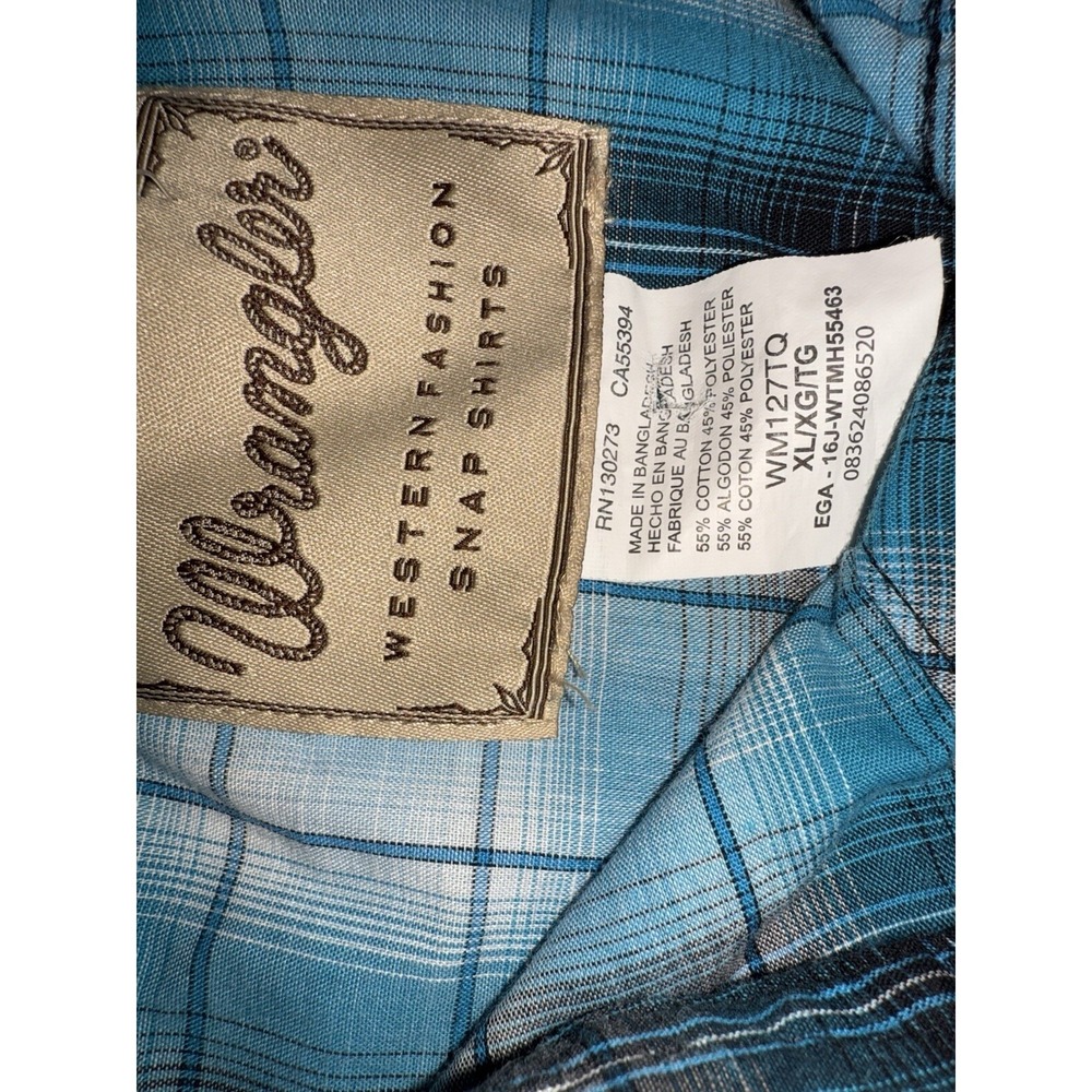 Wrangler Western Pearl Snap Button Long Sleeve Shirt Teal & Black Plaid XL - Picture 6 of 7